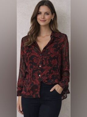 Chico's Black Sheer Button-Down Blouse with Red Floral Print